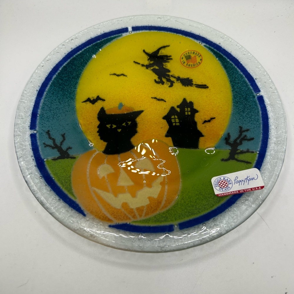 Peggy Karr Glass a 6In beautiful Black Cat Halloween Plate Handma…